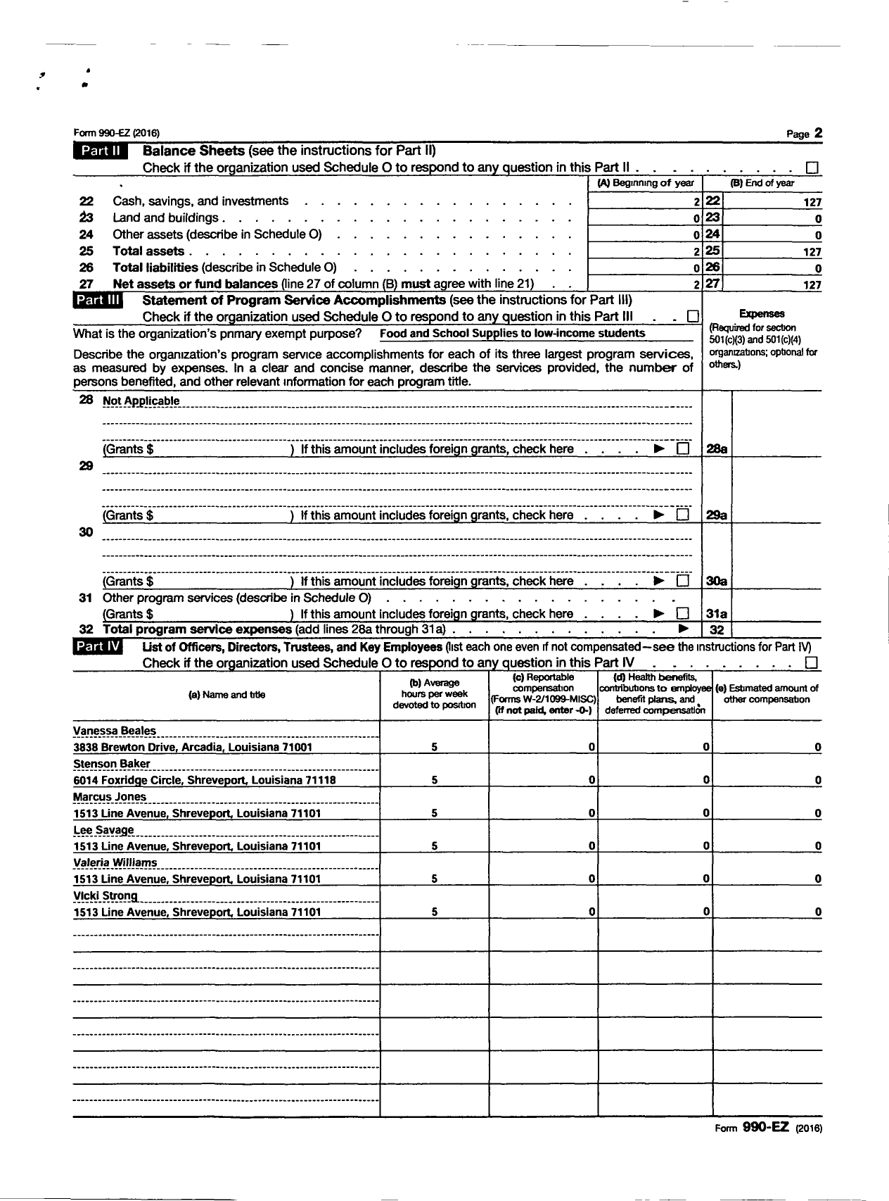 Image of first page of 2016 Form 990EZ for Outreach Services Community Development Corporation