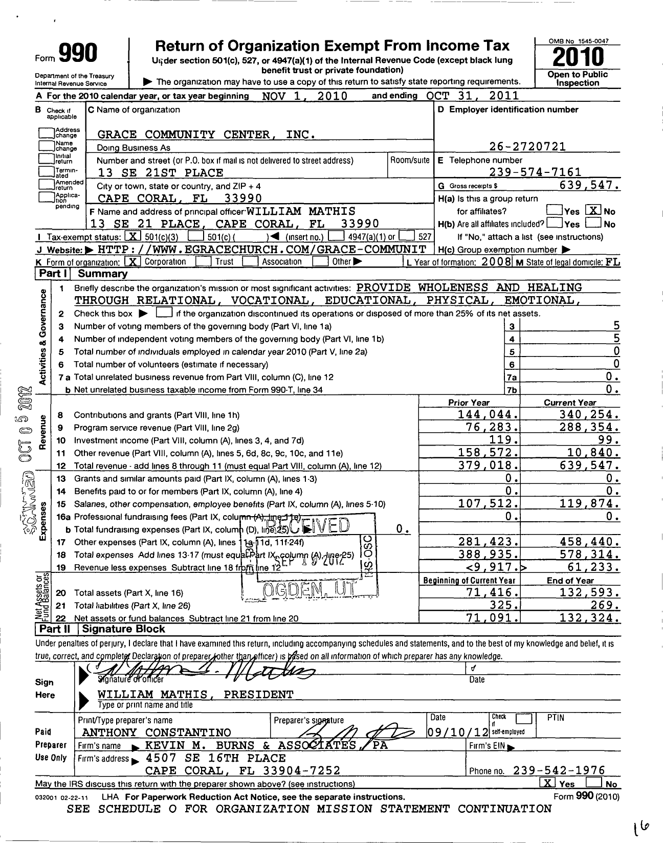 Image of first page of 2010 Form 990 for Grace Community Center