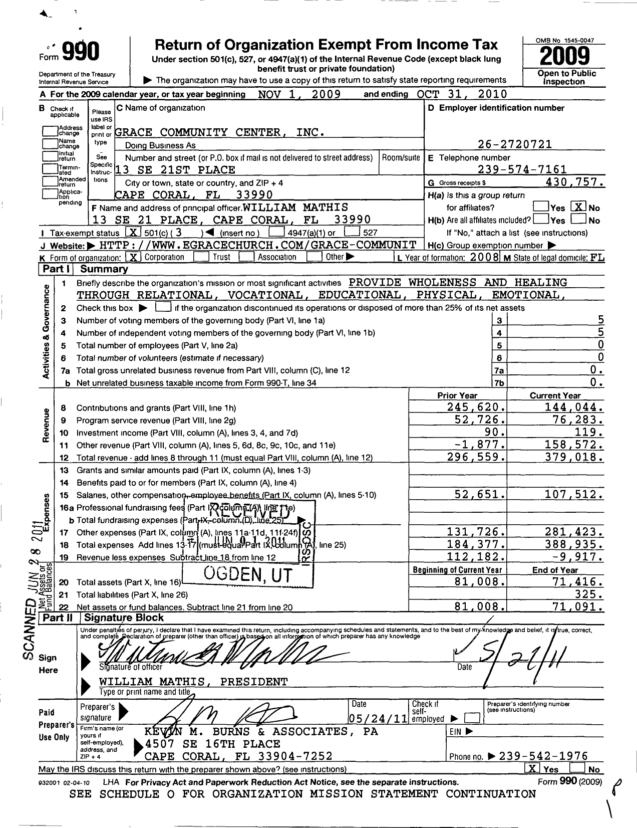 Image of first page of 2009 Form 990 for Grace Community Center