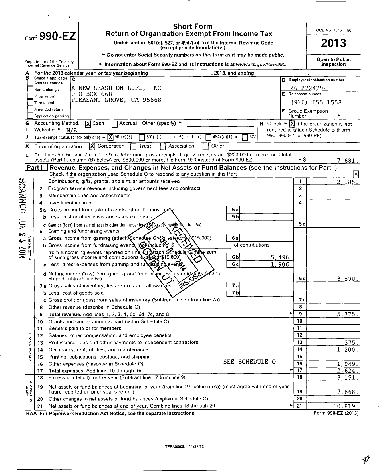 Image of first page of 2013 Form 990EZ for A New Leash on Life