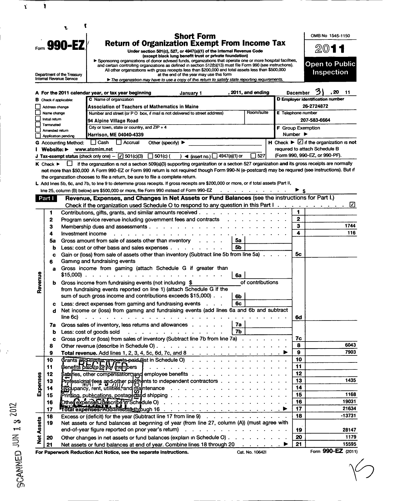 Image of first page of 2011 Form 990EZ for Association of Teachers of Mathematics in Maine