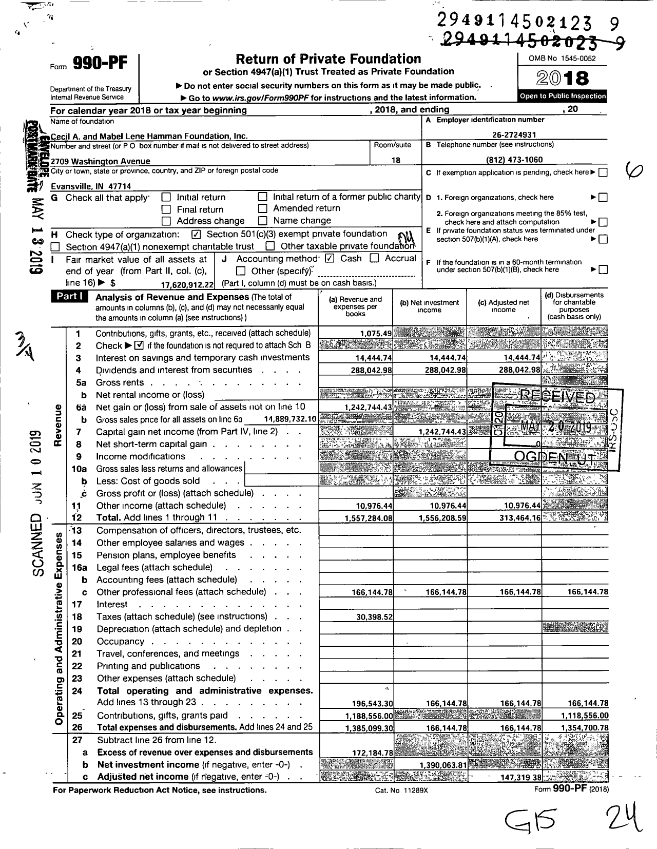 Image of first page of 2018 Form 990PF for Cecil A and Mabel Lene Hamman Foundation