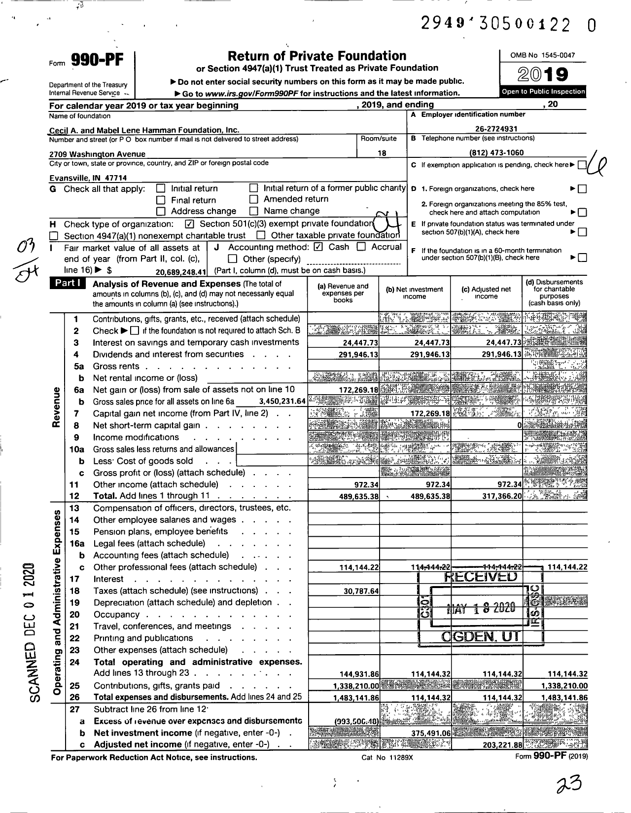 Image of first page of 2019 Form 990PF for Cecil A and Mabel Lene Hamman Foundation