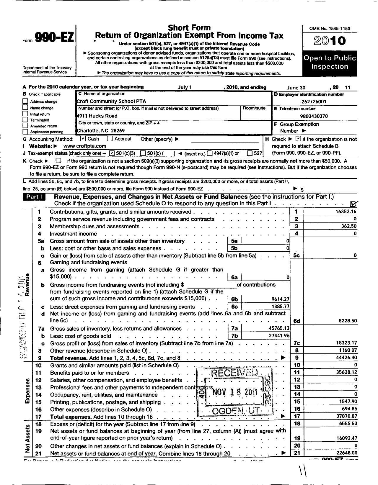 Image of first page of 2010 Form 990EZ for North Carolina PTA - Croft Community School PTA