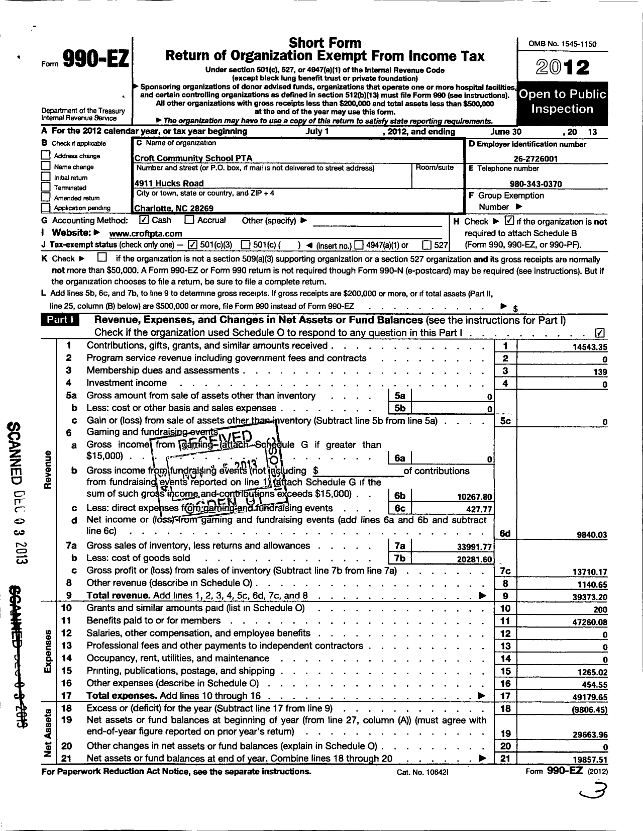 Image of first page of 2012 Form 990EZ for North Carolina PTA - Croft Community School PTA