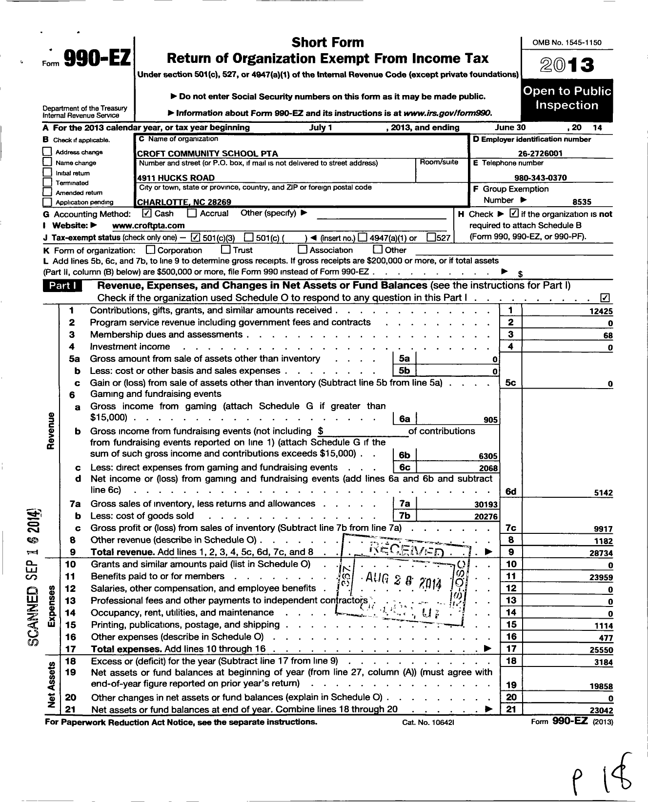 Image of first page of 2013 Form 990EZ for North Carolina PTA - Croft Community School PTA