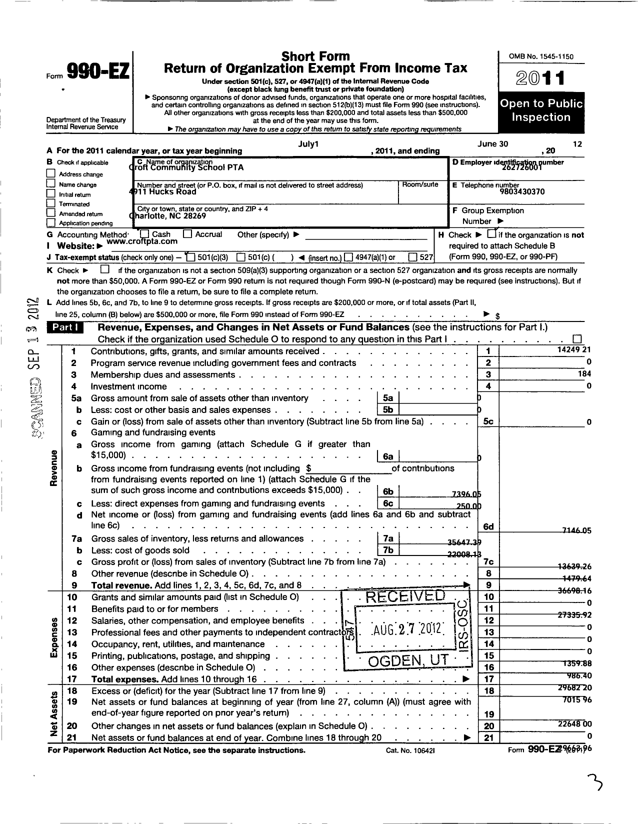 Image of first page of 2011 Form 990EZ for North Carolina PTA - Croft Community School PTA