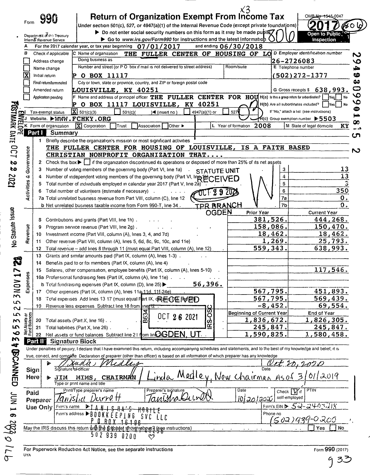Image of first page of 2017 Form 990 for Fuller Center for Housing Fuller Center for Housing of Louisville