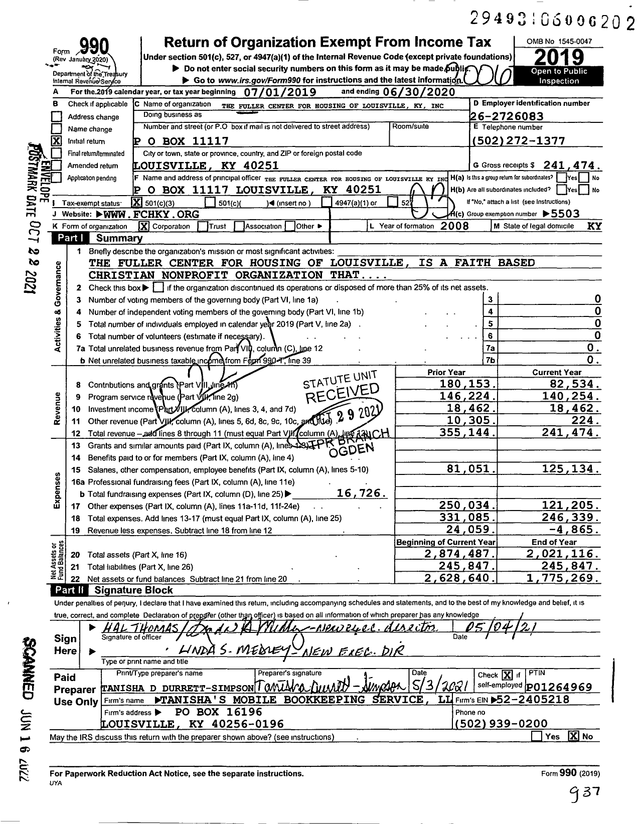 Image of first page of 2019 Form 990 for Fuller Center for Housing Fuller Center for Housing of Louisville