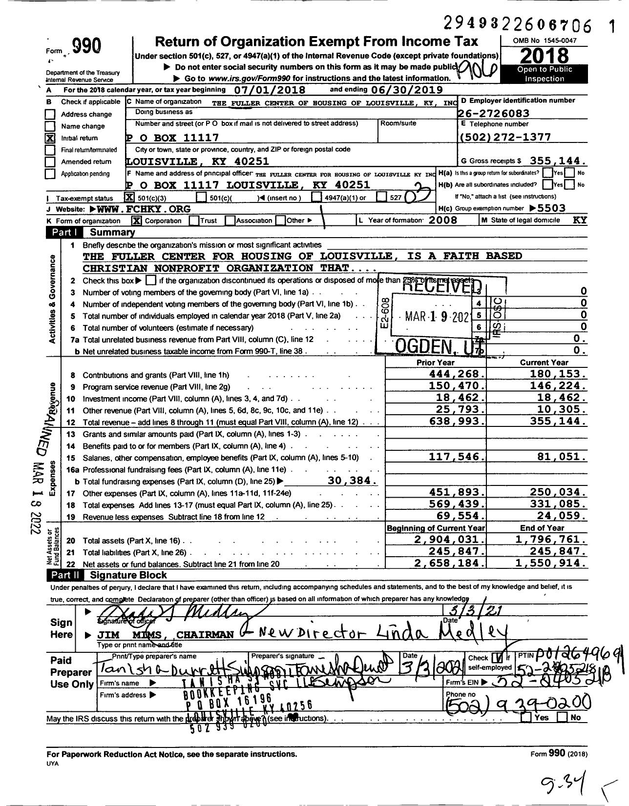 Image of first page of 2018 Form 990 for Fuller Center for Housing Fuller Center for Housing of Louisville