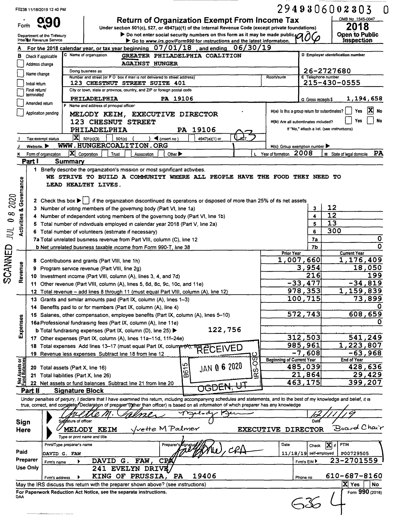 Image of first page of 2018 Form 990 for Greater Philadelphia Coalition Against Hunger