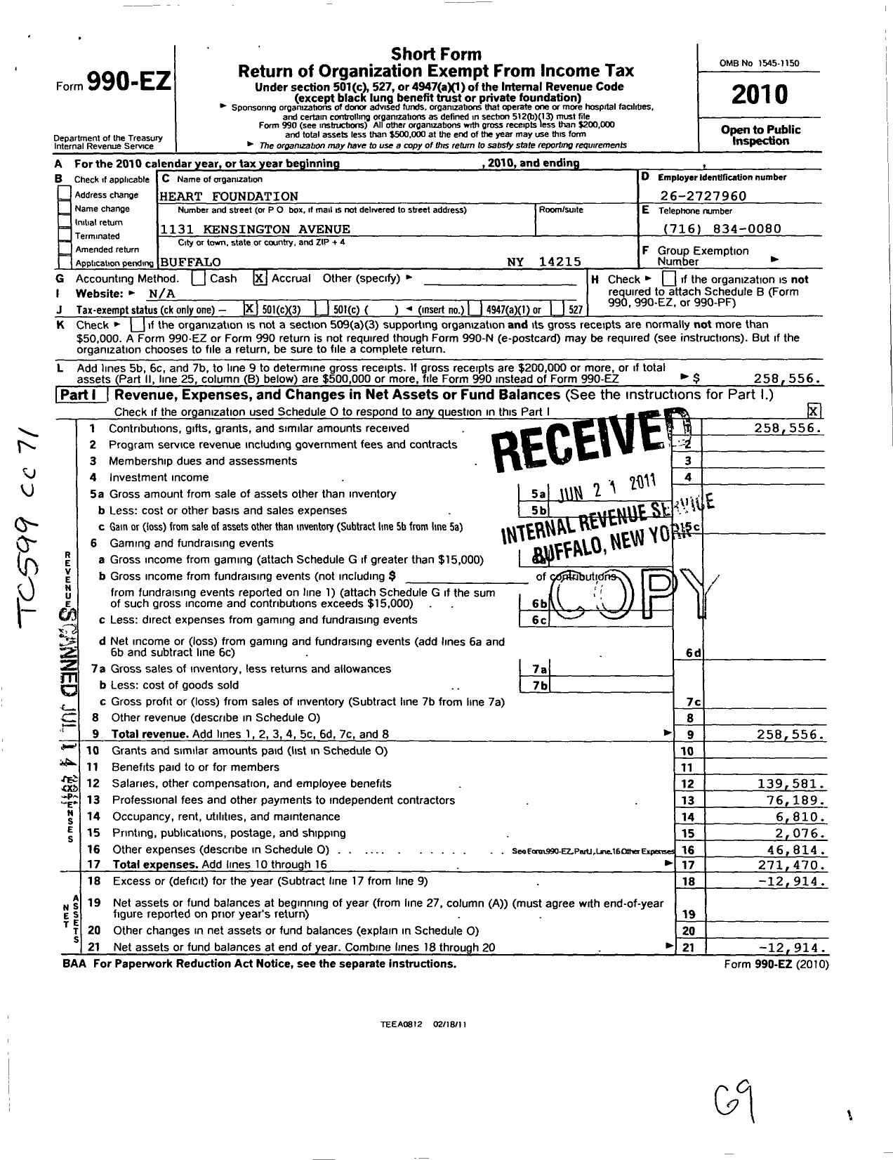 Image of first page of 2010 Form 990EZ for HEART Foundation