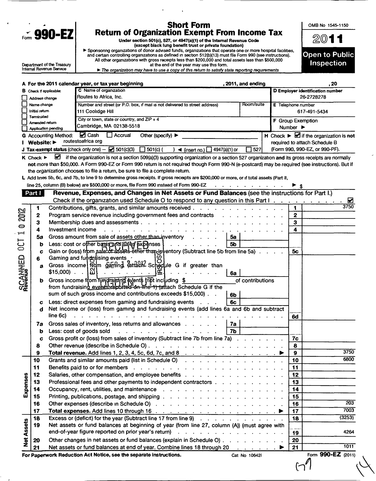 Image of first page of 2011 Form 990EZ for Routes To Africa