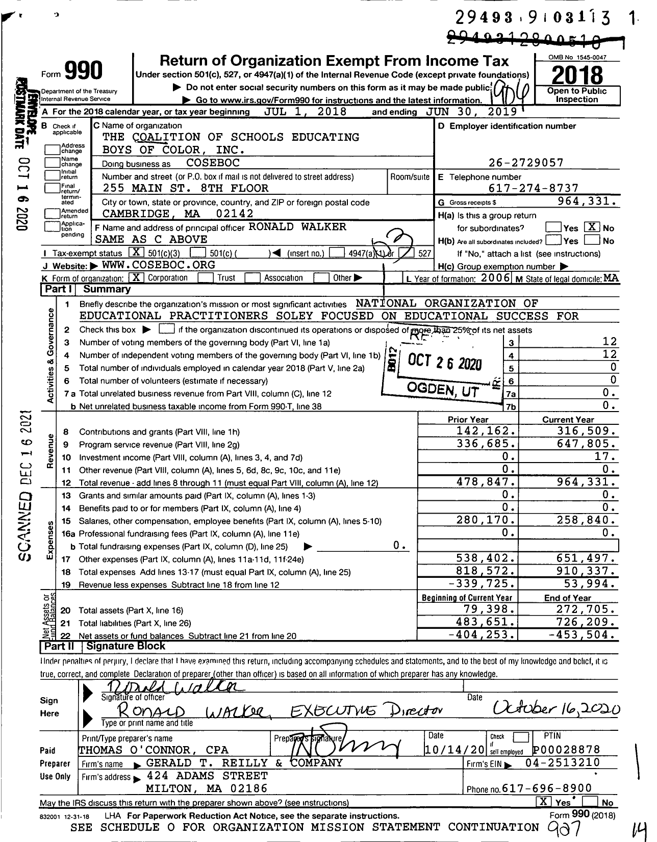 Image of first page of 2018 Form 990 for Coseboc