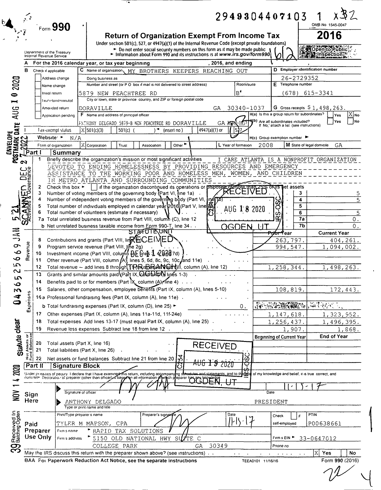 Image of first page of 2016 Form 990 for My Brothers Keepers Reaching Out