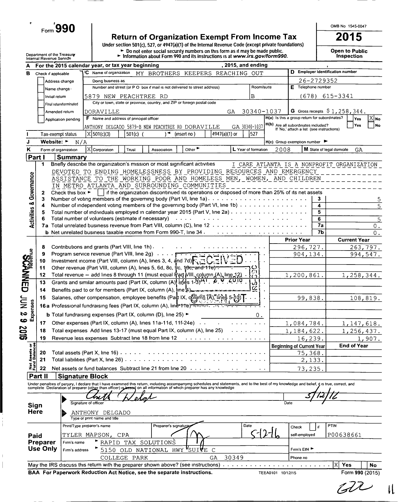 Image of first page of 2015 Form 990 for My Brothers Keepers Reaching Out