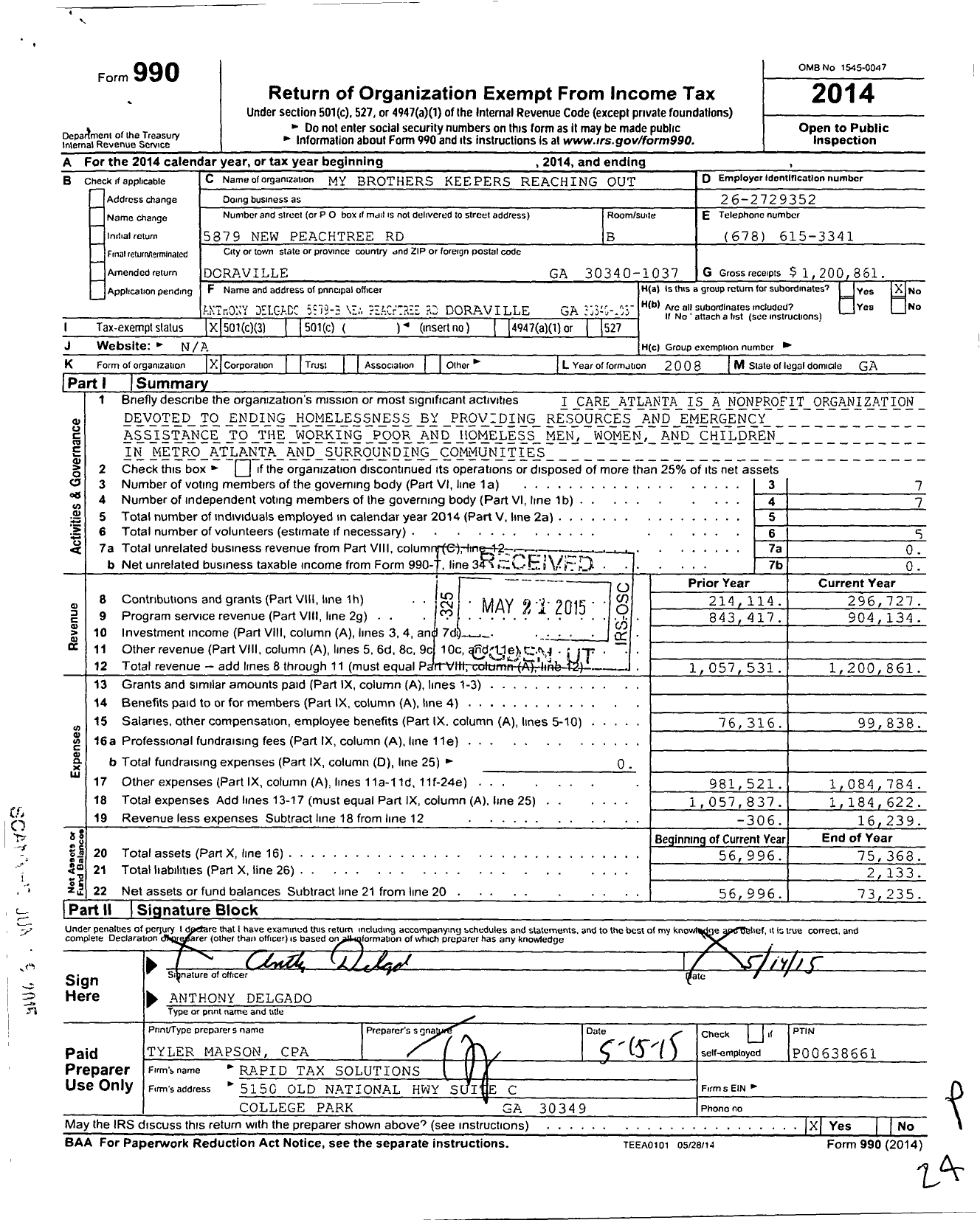 Image of first page of 2014 Form 990 for My Brothers Keepers Reaching Out