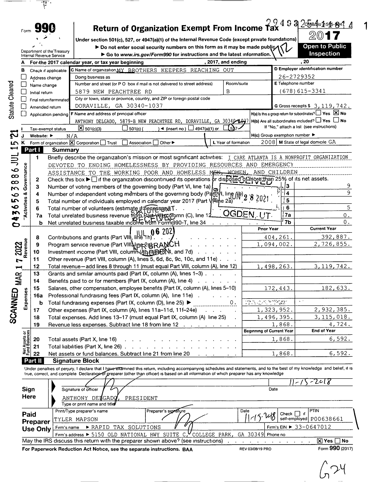 Image of first page of 2017 Form 990 for My Brothers Keepers Reaching Out