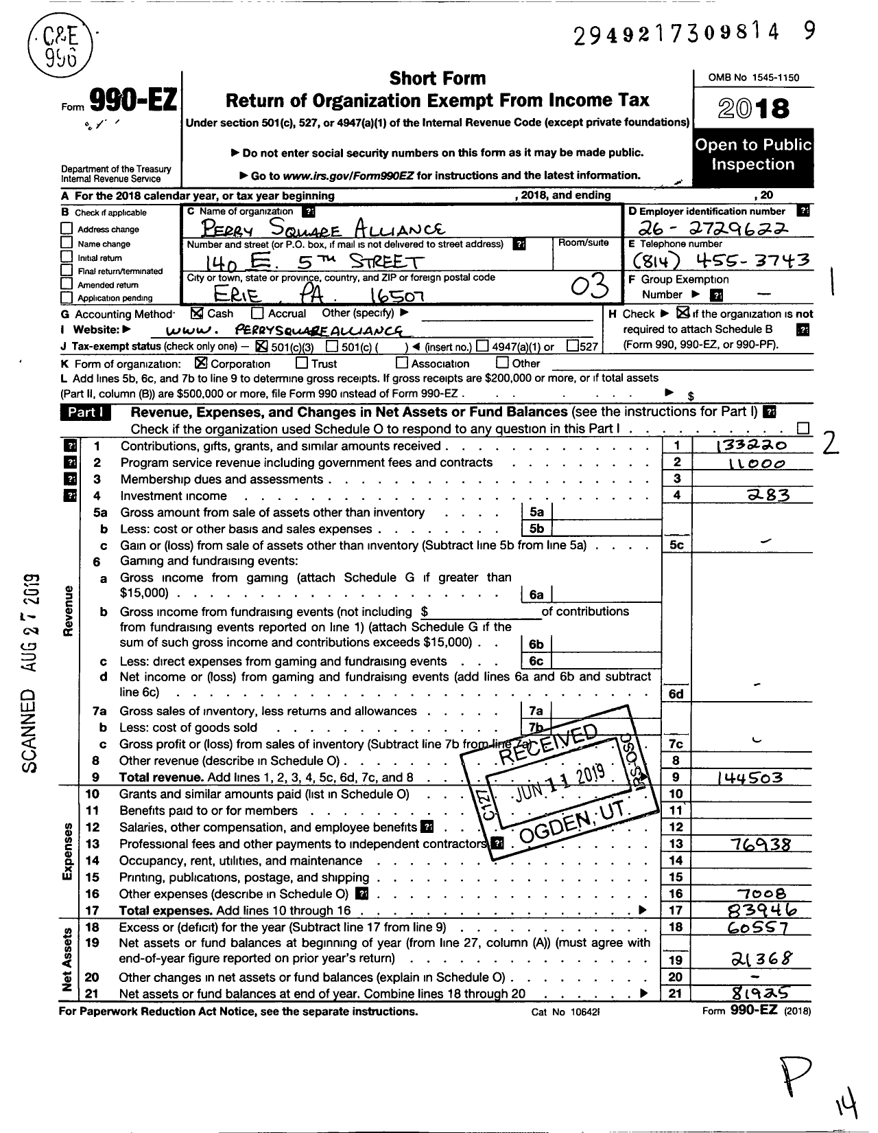 Image of first page of 2018 Form 990EZ for Perry Square Alliance