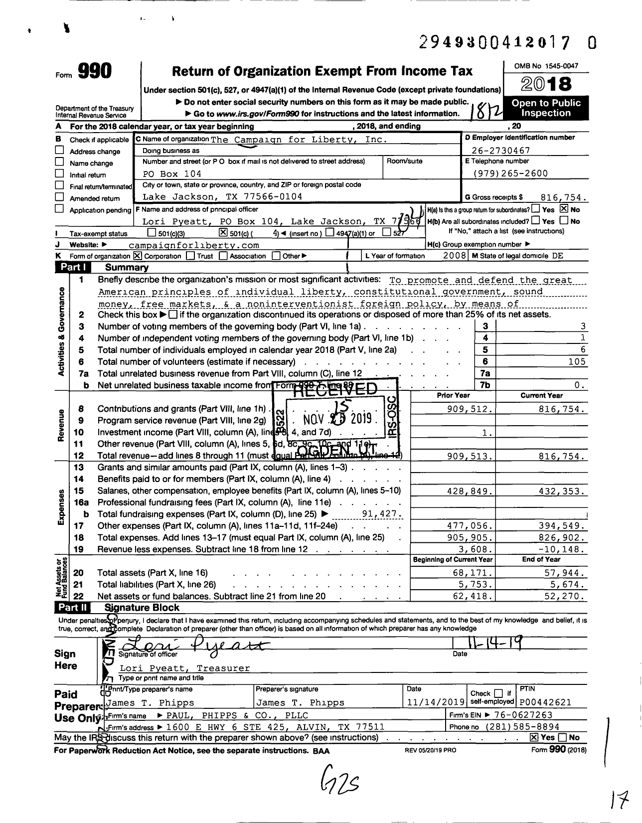 Image of first page of 2018 Form 990O for The Campaign for Liberty