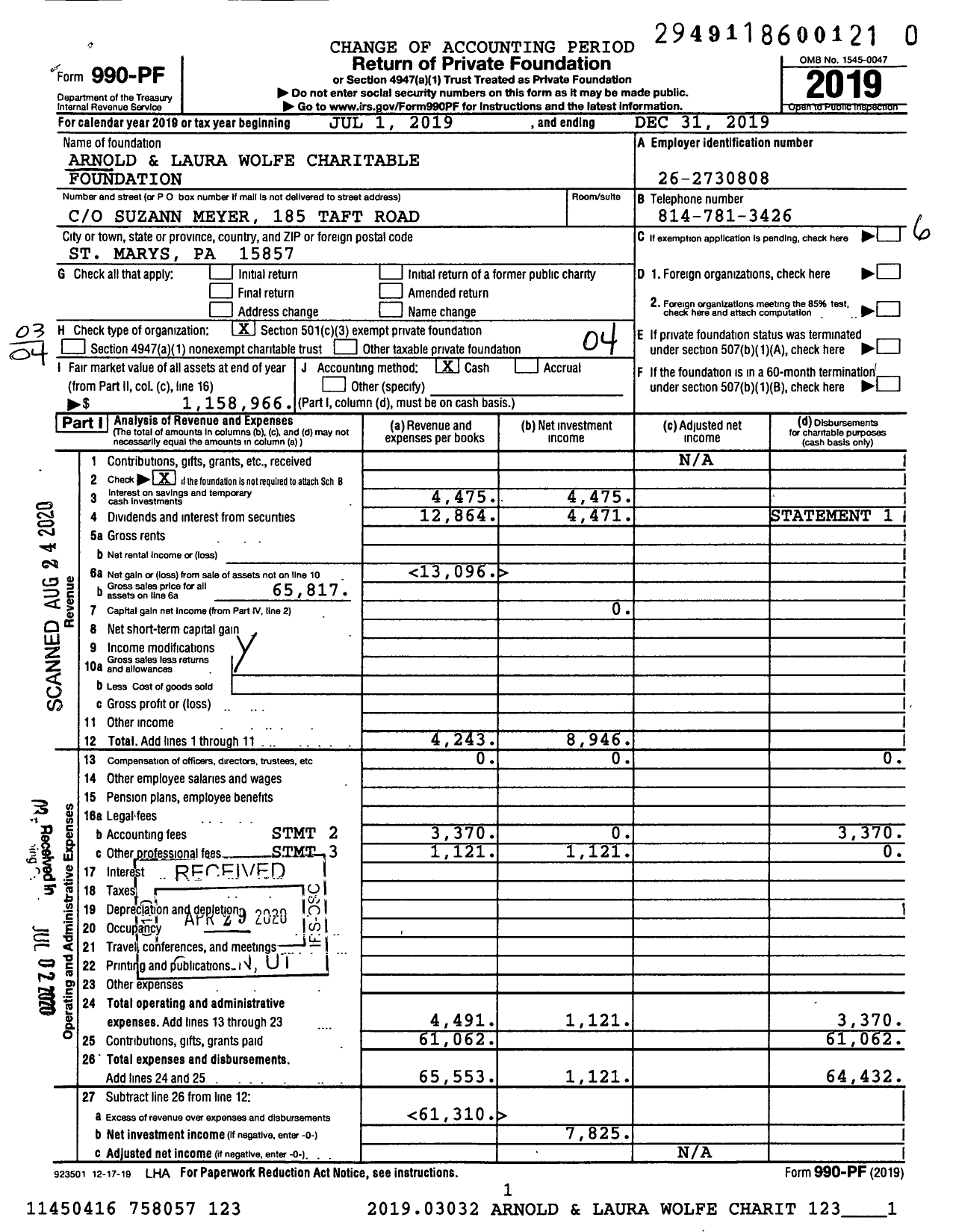 Image of first page of 2019 Form 990PR for Arnold and Laura Wolfe Charitable Foundation