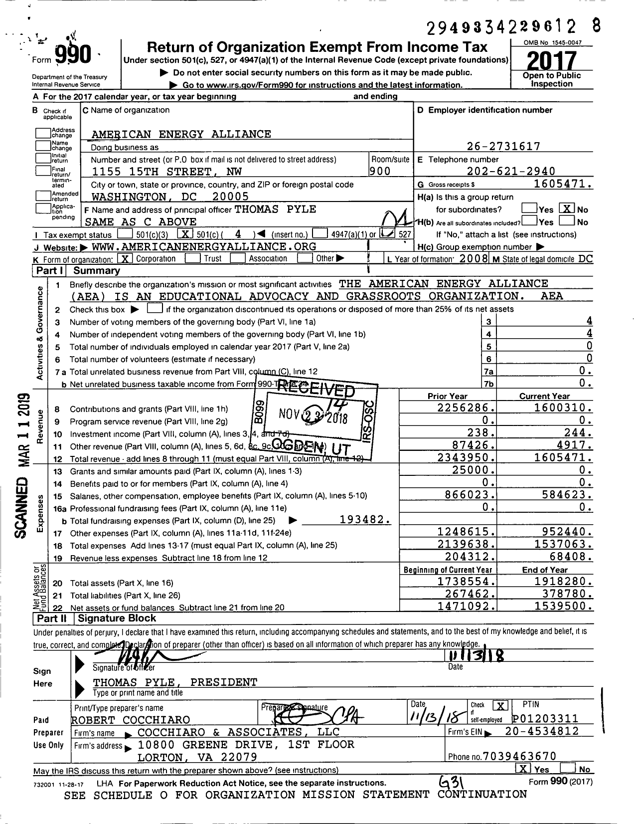 Image of first page of 2017 Form 990O for American Energy Alliance