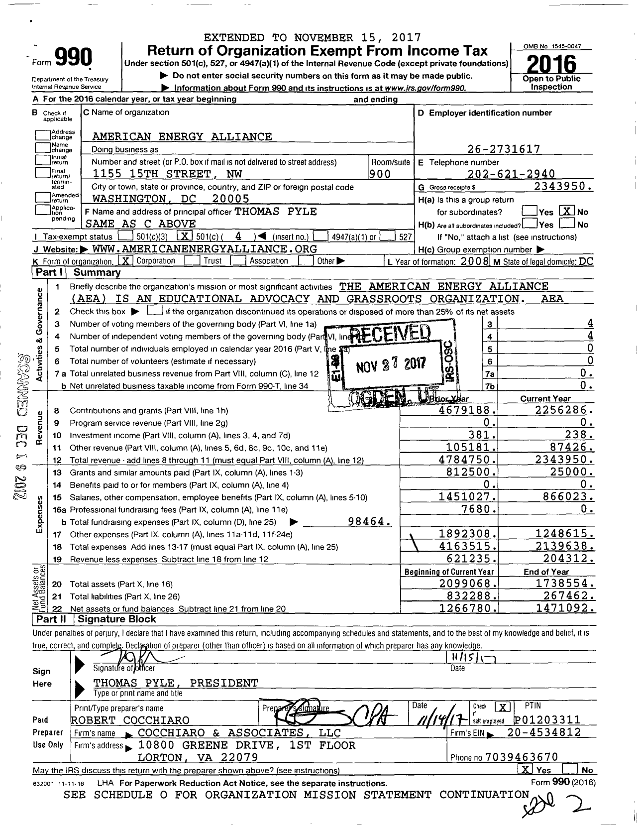 Image of first page of 2016 Form 990O for American Energy Alliance