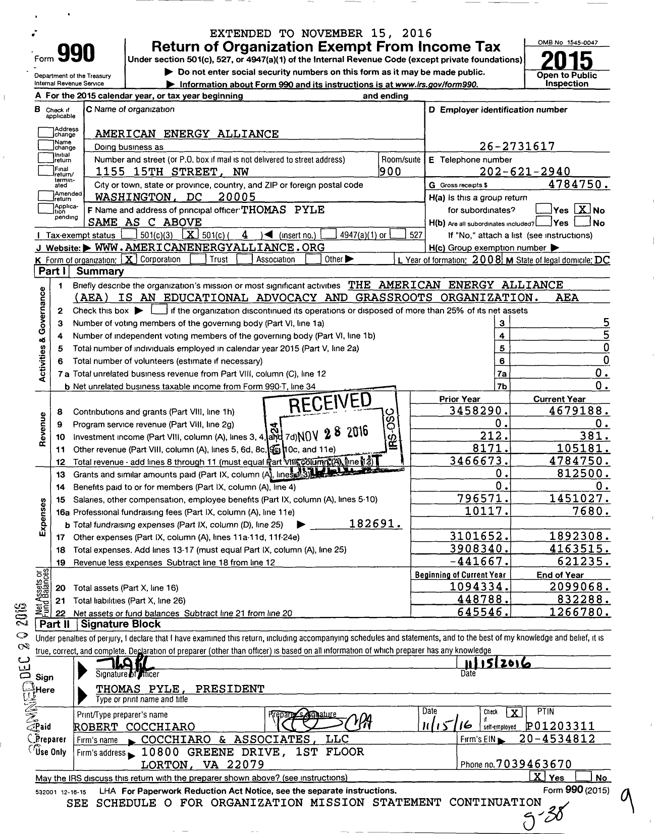 Image of first page of 2015 Form 990O for American Energy Alliance
