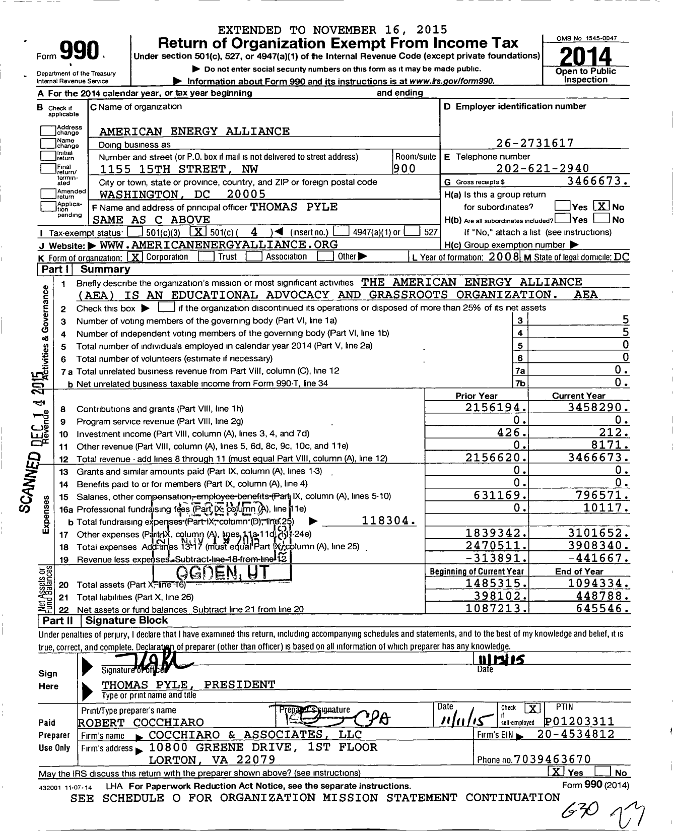 Image of first page of 2014 Form 990O for American Energy Alliance