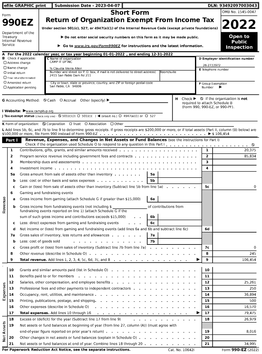 Image of first page of 2022 Form 990EZ for Camp It Up