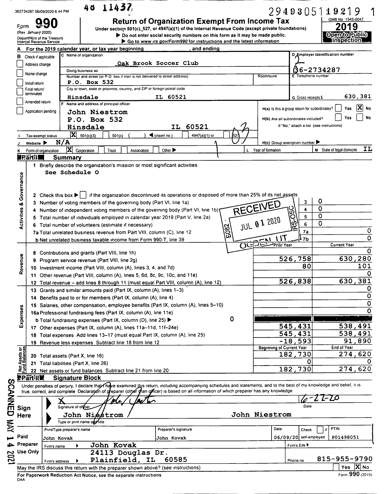 Image of first page of 2019 Form 990 for Oak Brook Soccer Club Incorporated