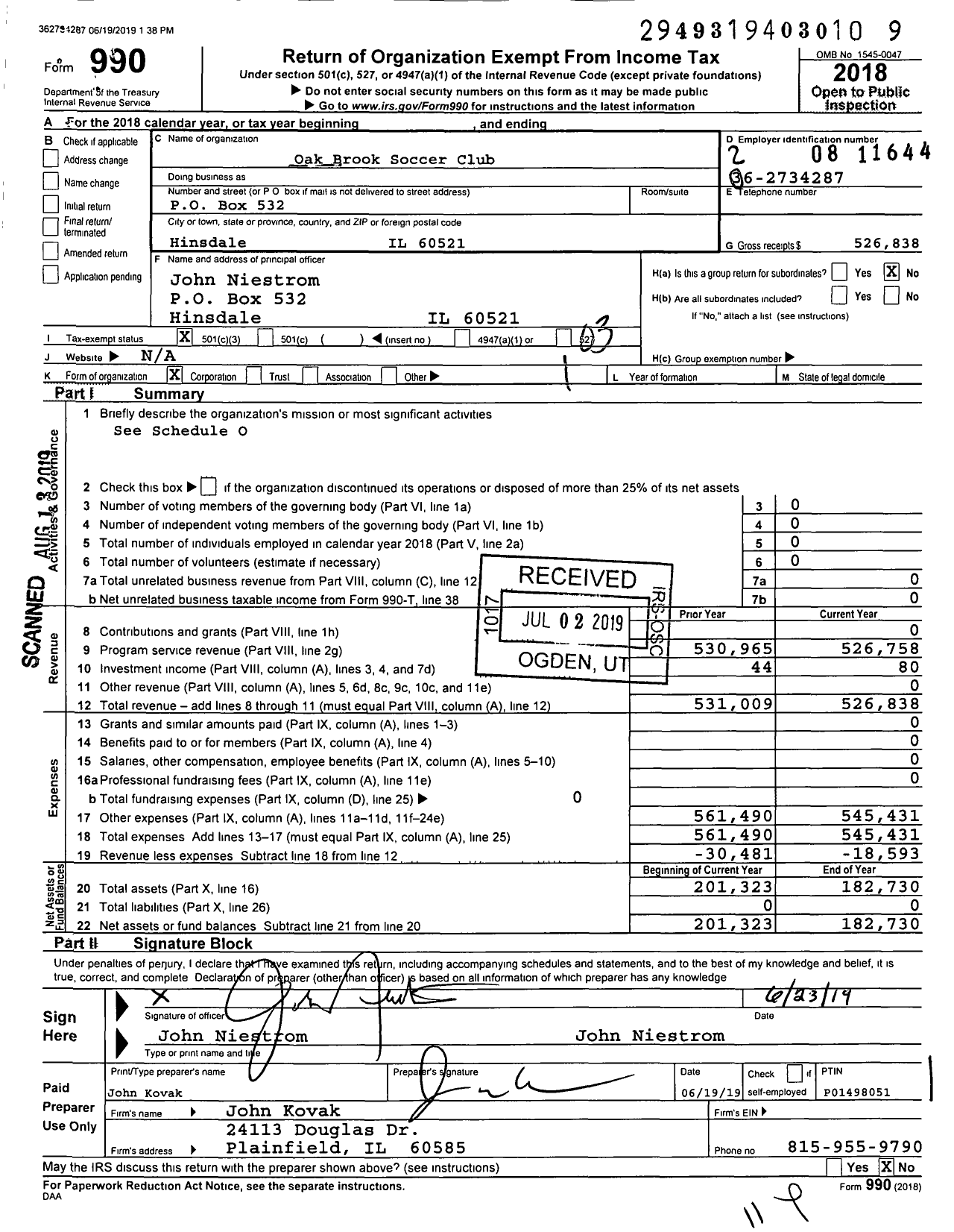 Image of first page of 2018 Form 990 for Oak Brook Soccer Club Incorporated