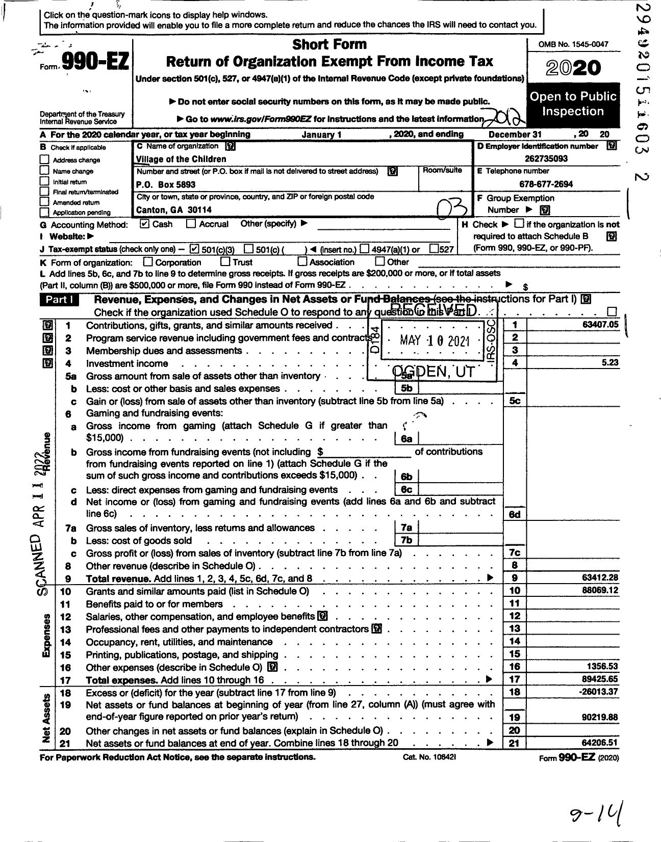 Image of first page of 2020 Form 990EZ for Village of the Children