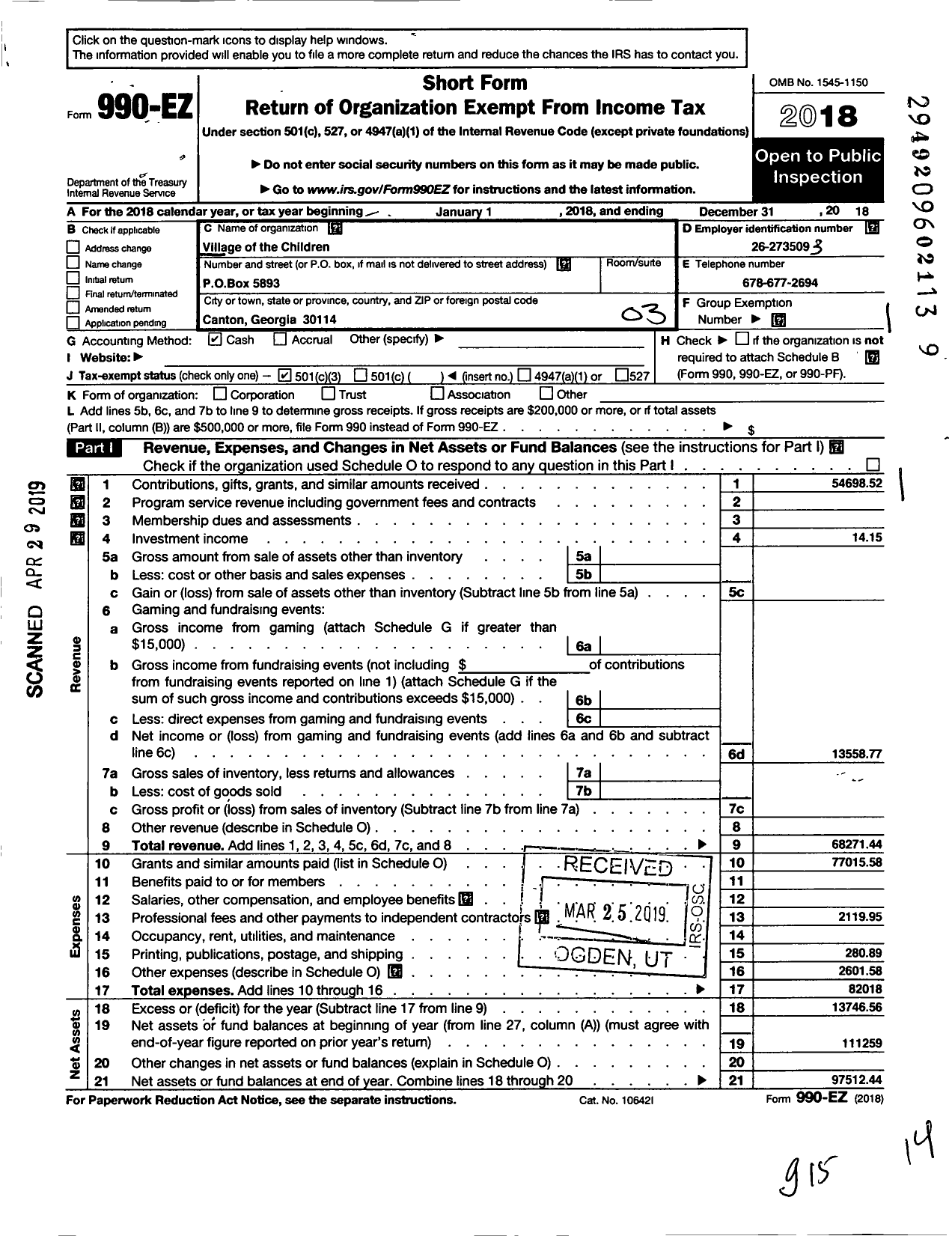 Image of first page of 2018 Form 990EZ for Village of the Children