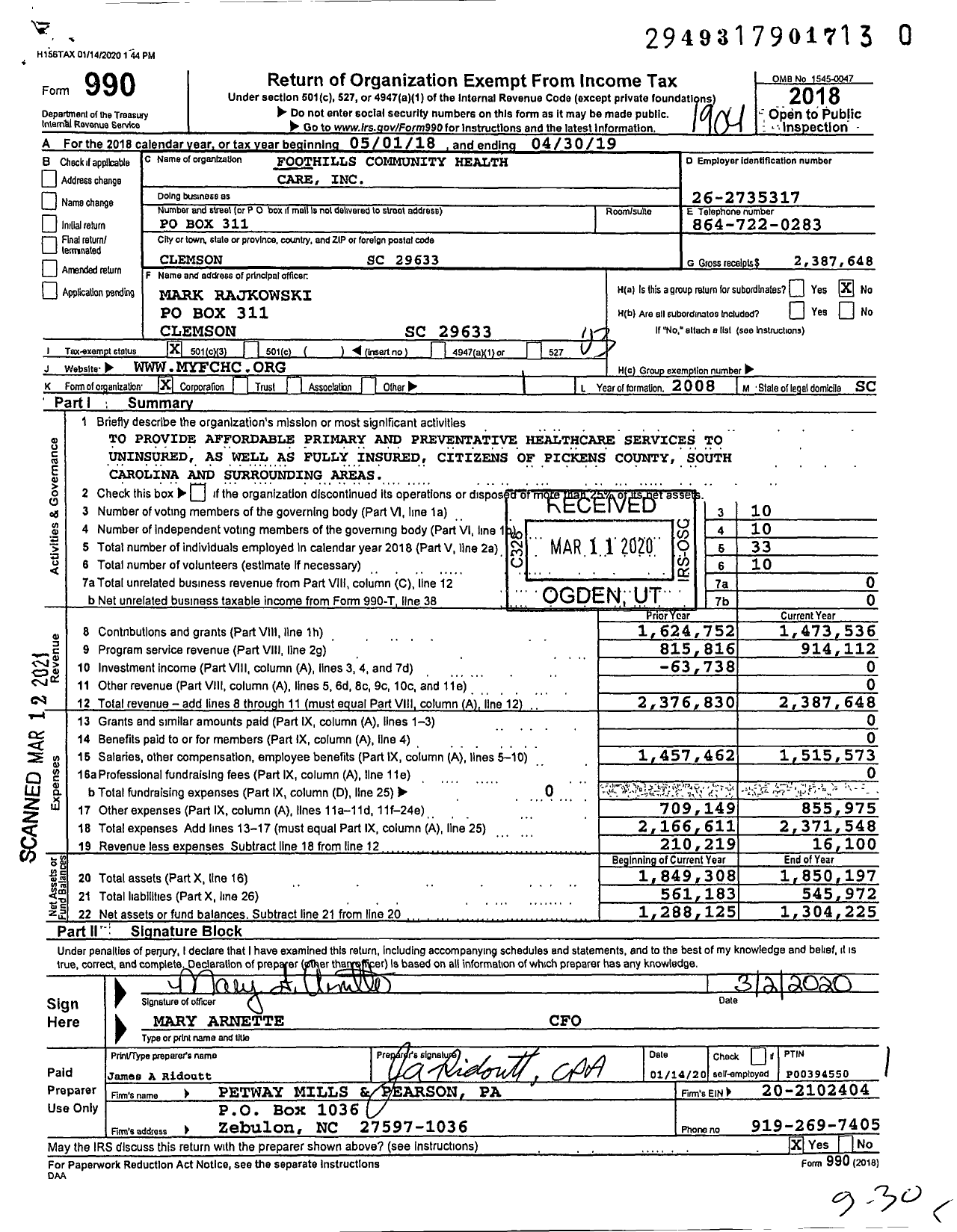 Image of first page of 2018 Form 990 for Foothills Community Health Care