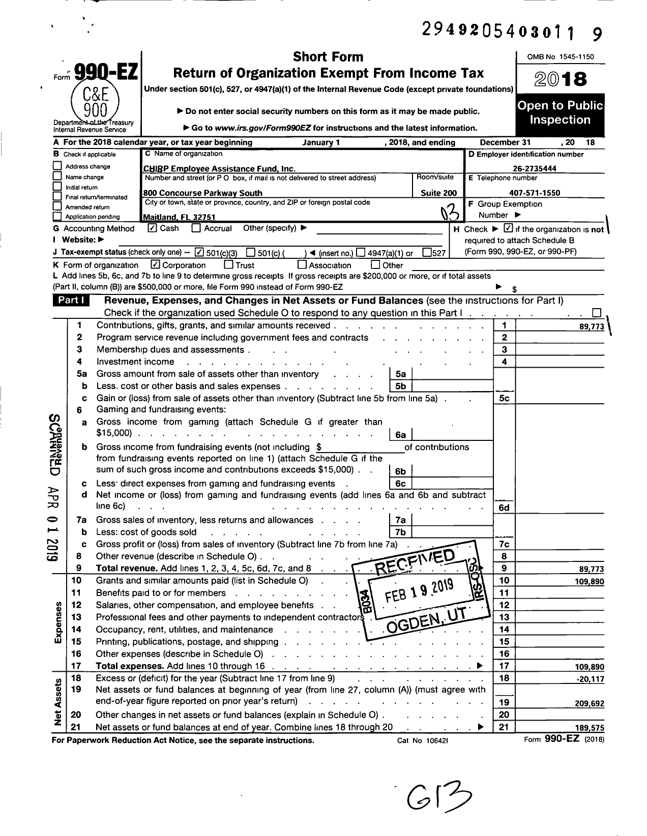 Image of first page of 2018 Form 990EZ for Chirp Employee Assistance Fund