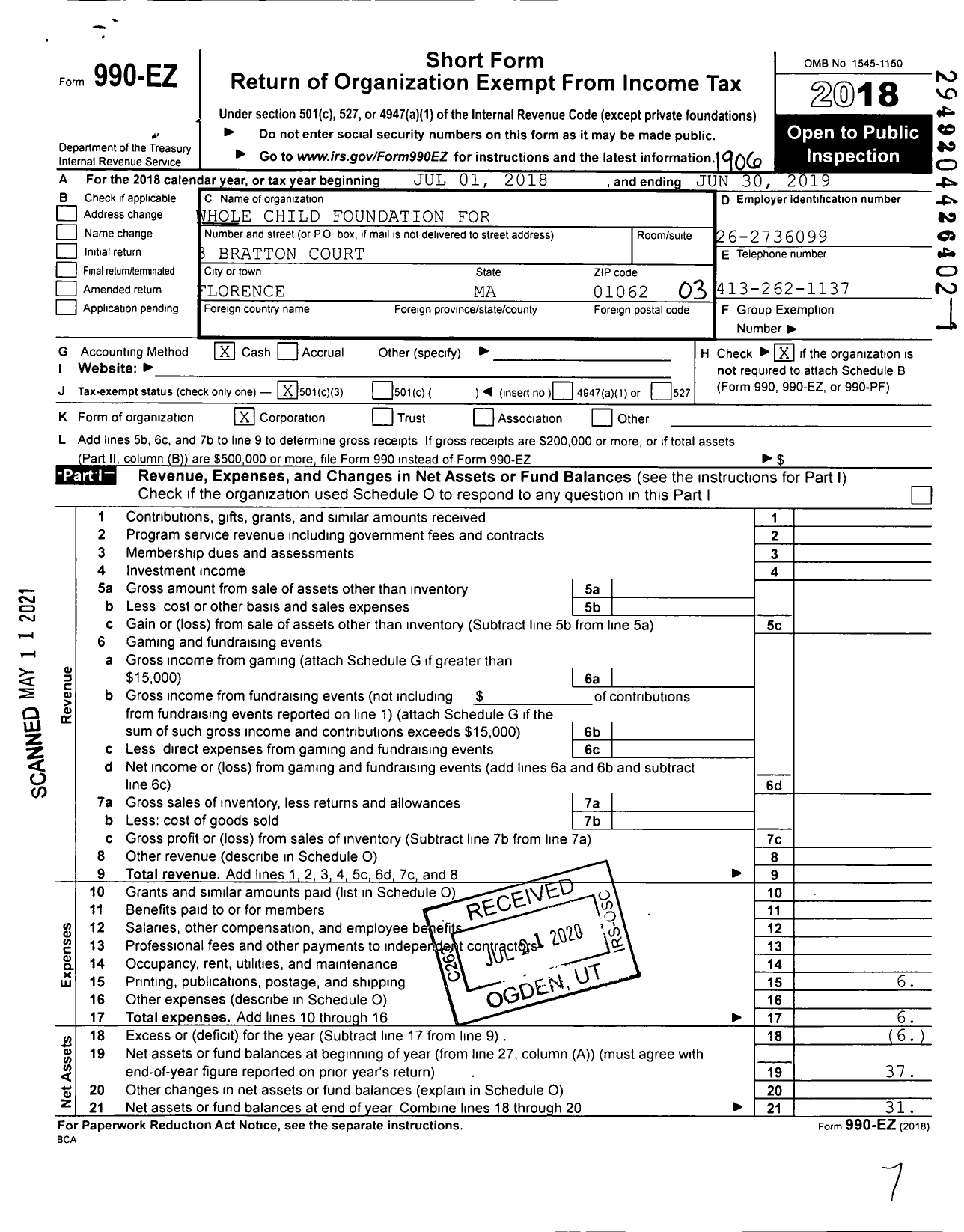 Image of first page of 2018 Form 990EZ for Whole Child Foundation for Complimentary Health