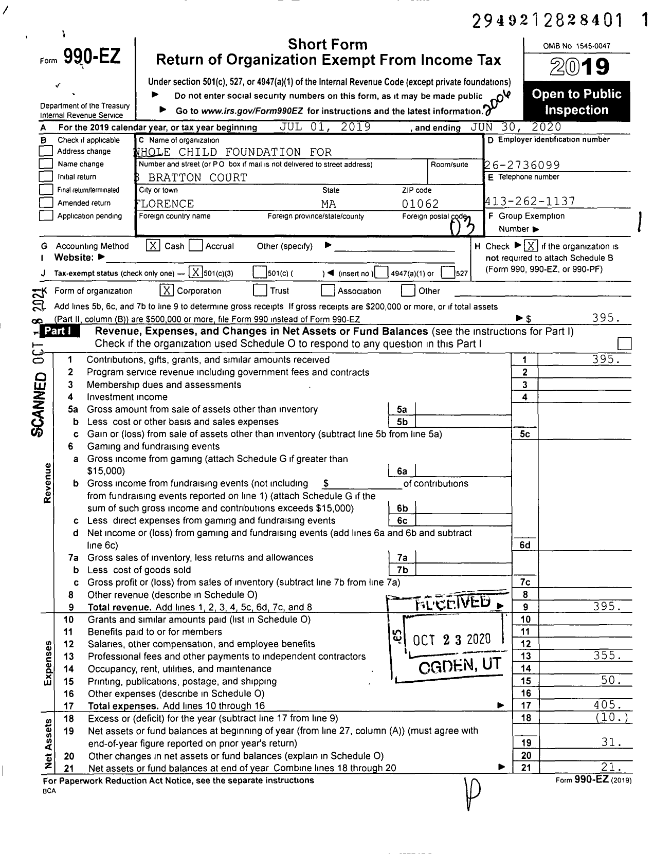 Image of first page of 2019 Form 990EZ for Whole Child Foundation for Complimentary Health