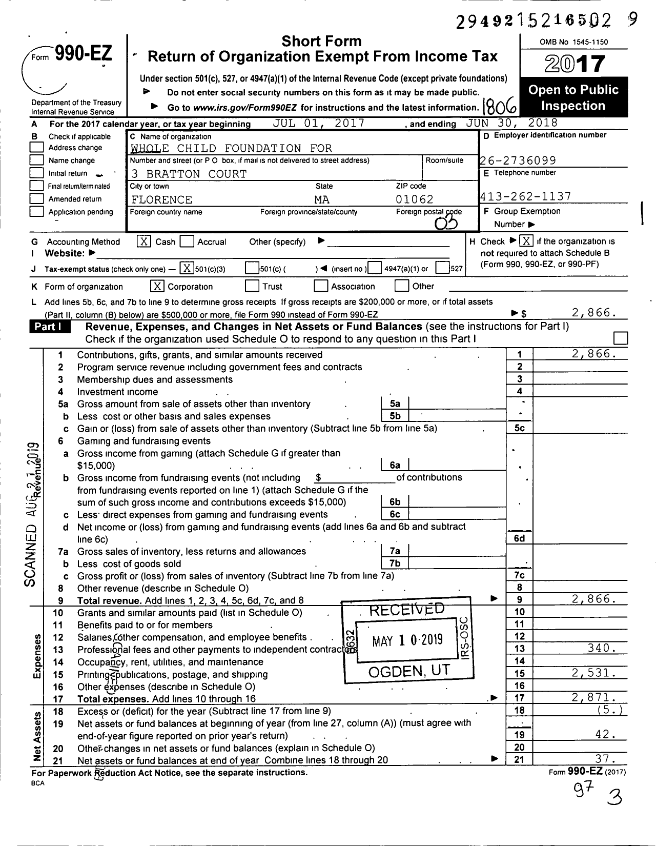 Image of first page of 2017 Form 990EZ for Whole Child Foundation for Complimentary Health