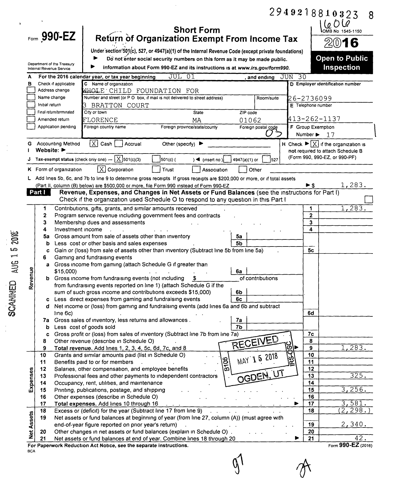 Image of first page of 2015 Form 990EZ for Whole Child Foundation for Complimentary Health