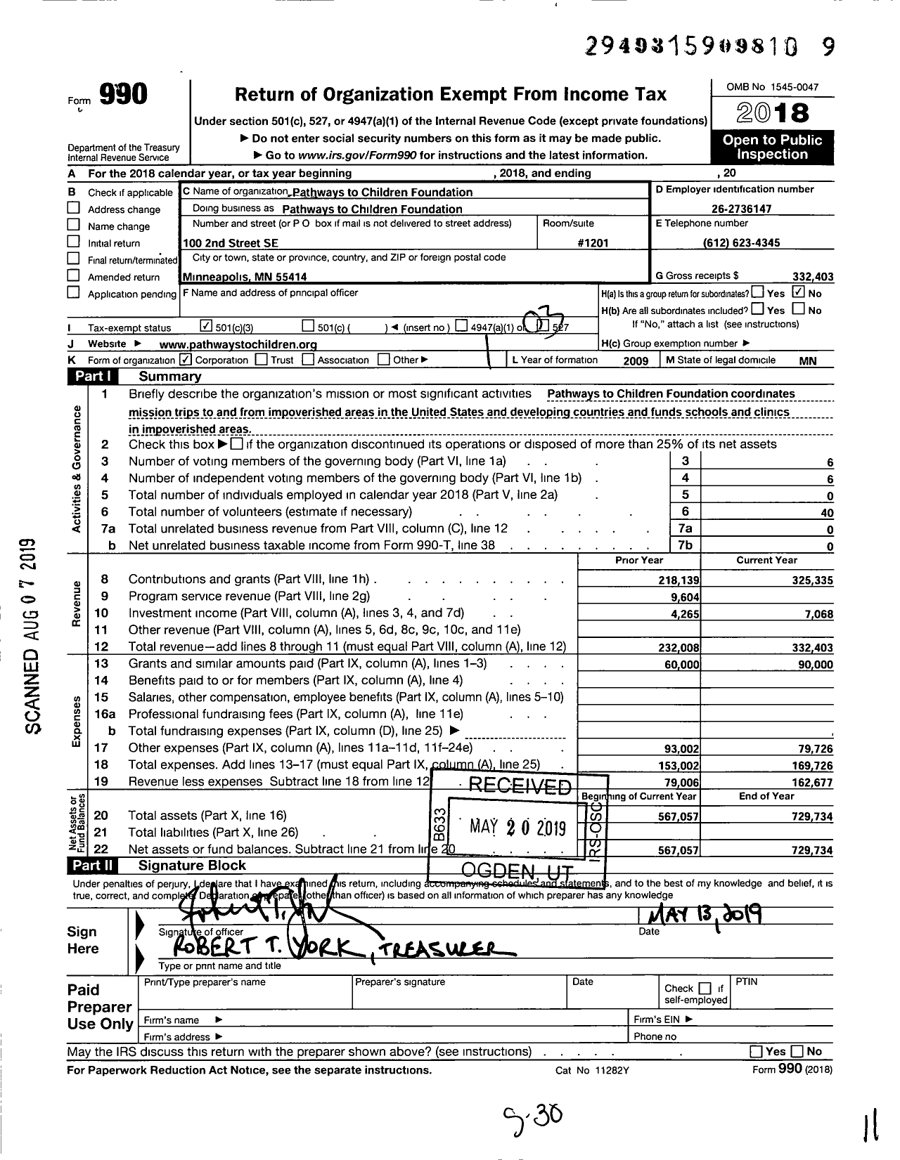 Image of first page of 2018 Form 990 for Pathways To Children Foundation