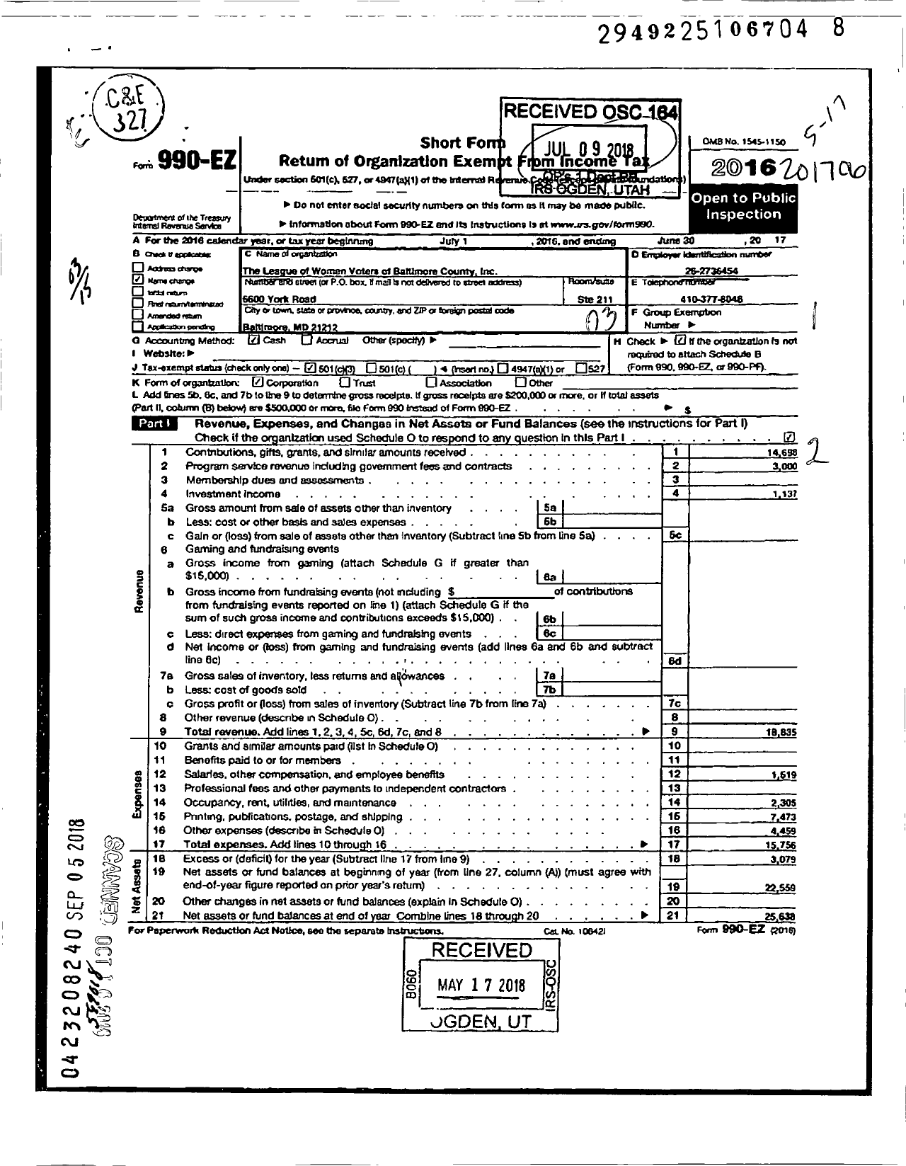 Image of first page of 2016 Form 990EZ for The League of Women Voters of Baltimore County