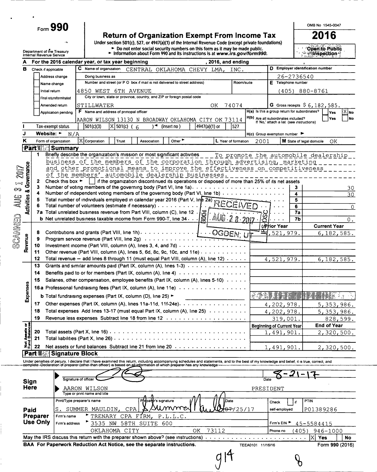 Image of first page of 2016 Form 990O for Central Oklahoma Chevy Lma