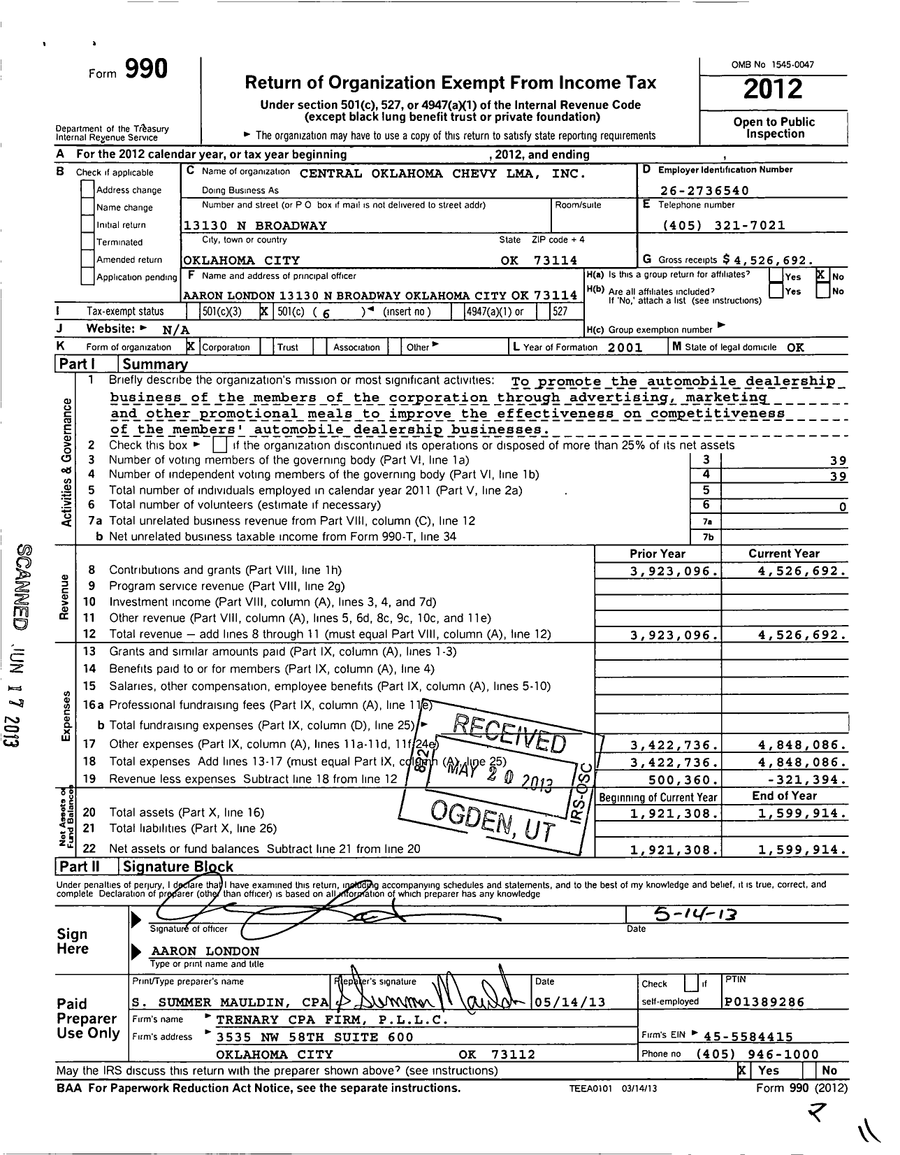 Image of first page of 2012 Form 990O for Central Oklahoma Chevy Lma