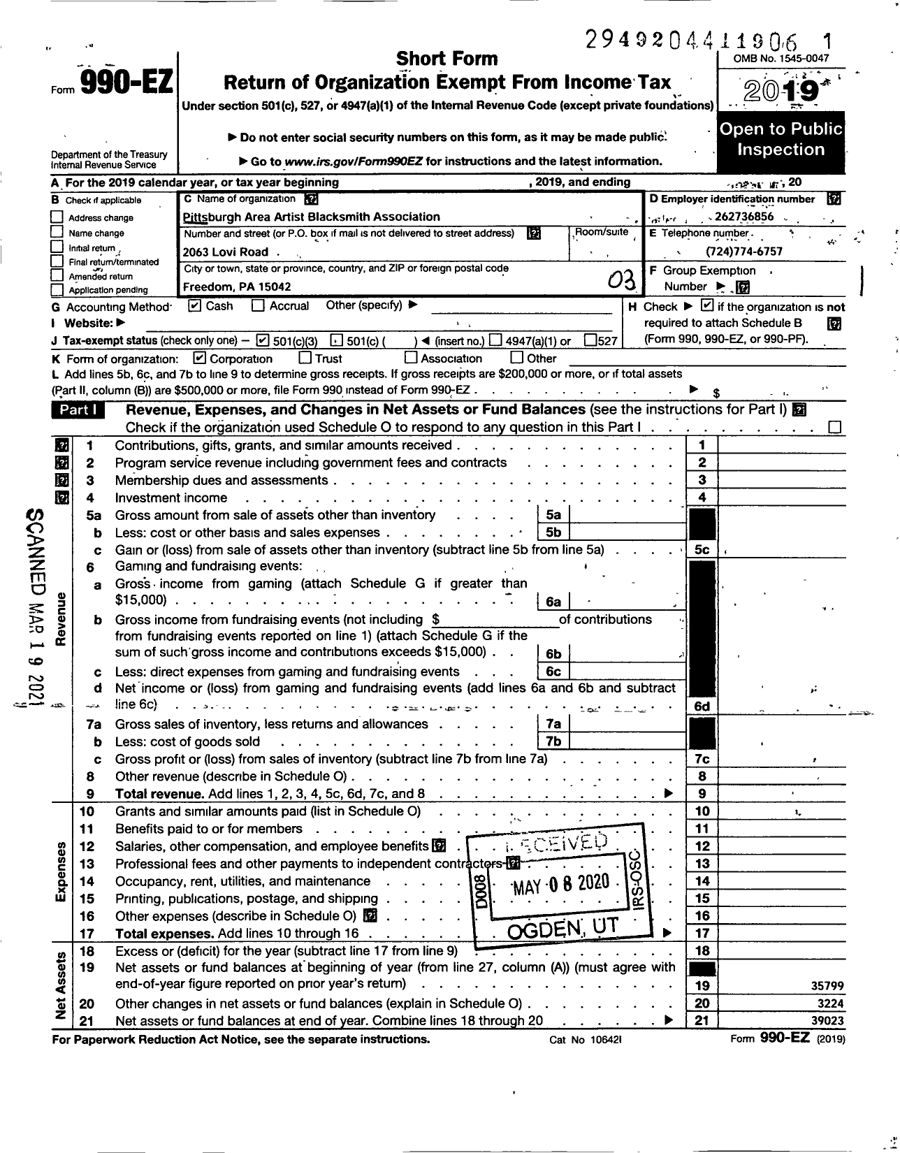 Image of first page of 2019 Form 990EZ for Pittsburgh Area Artist Blacksmiths Association