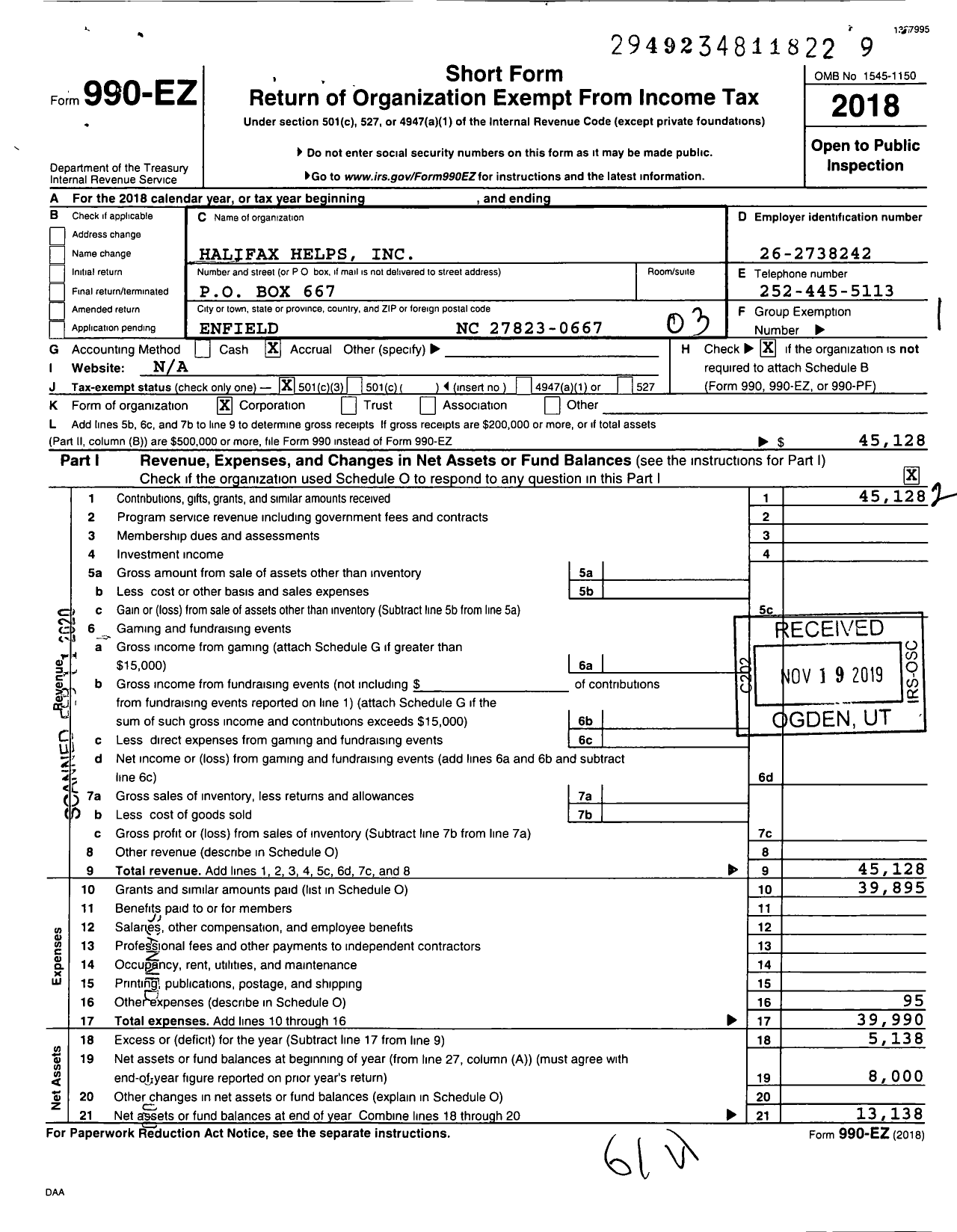 Image of first page of 2018 Form 990EZ for Halifax Helps