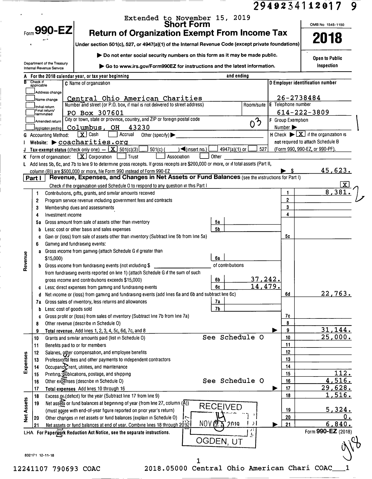 Image of first page of 2018 Form 990EZ for Central Ohio American Charities