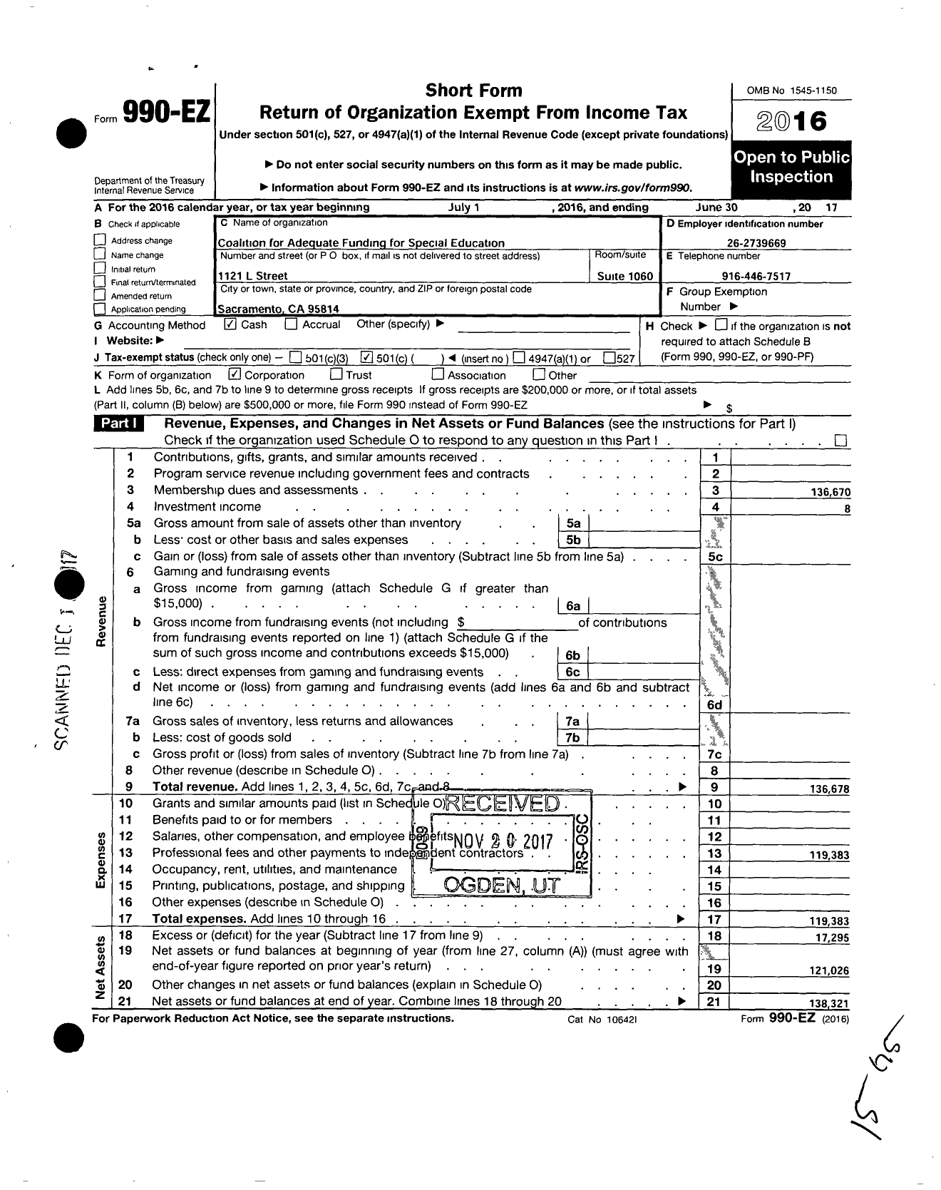 Image of first page of 2016 Form 990EO for Coalition for Adequate Funding for Special Education