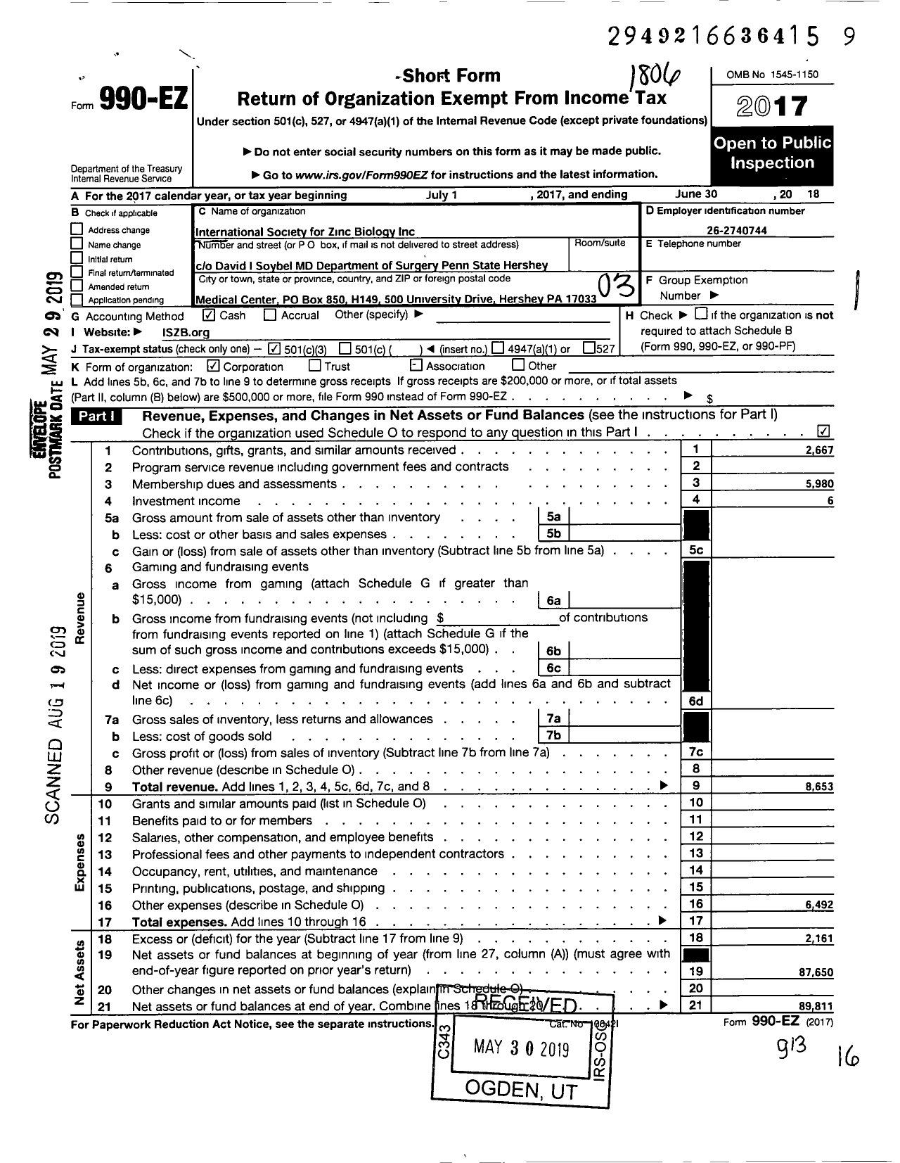 Image of first page of 2017 Form 990EZ for International Society for Zinc Biology