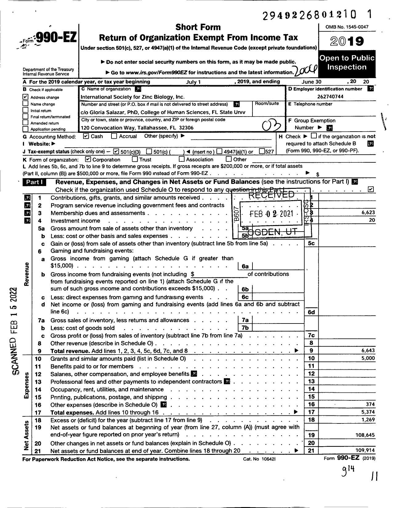 Image of first page of 2019 Form 990EZ for International Society for Zinc Biology